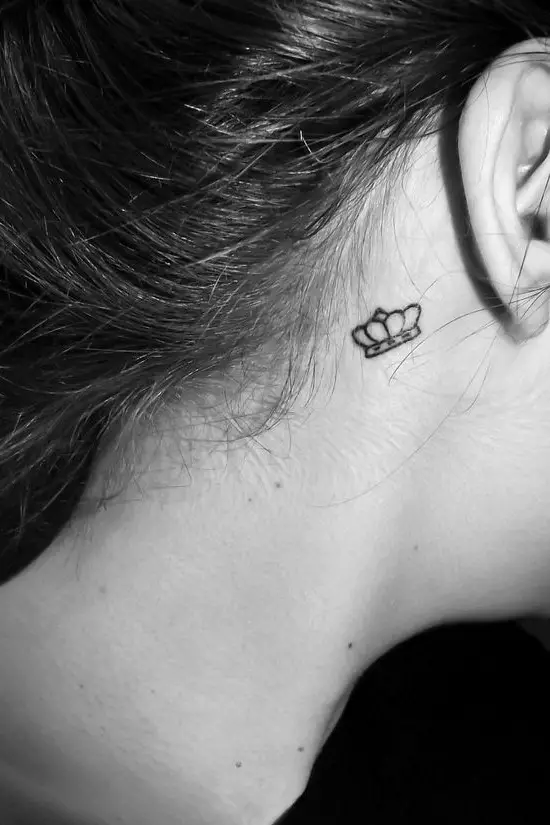 Small Queen Crown Tattoo Behind Ear