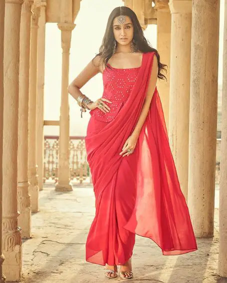Shraddha Kapoor In Red Plain Saree with Mirror Work Long Blouse