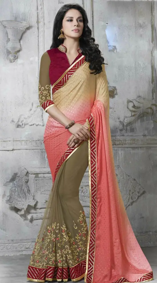 Beige & Pink Net Jacquard Saree With V Shape Chinese Collar Blouse