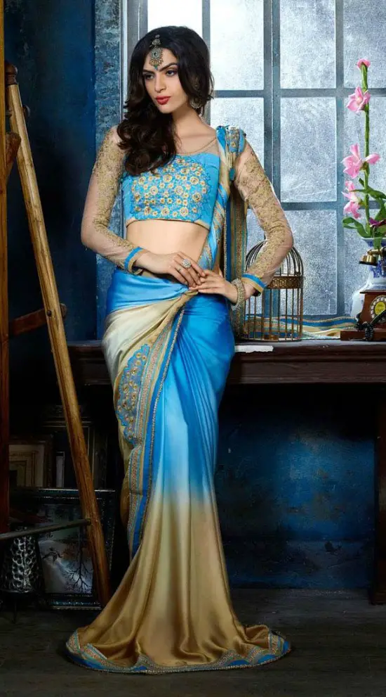 Sky Blue And Cream Georgette Embroidered Saree