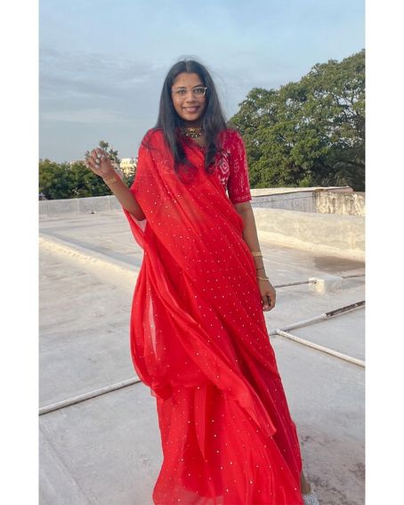 Fascine Red Chiffon Saree With Half Halter Neck Full Sleeve Blouse