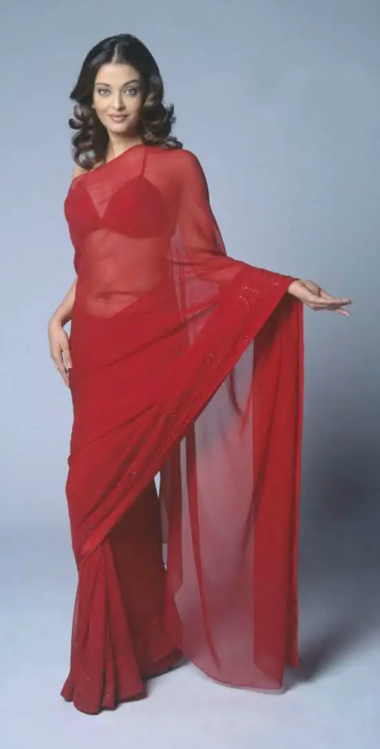Aishwarya Rai In Plain Red Color Transparent Sree