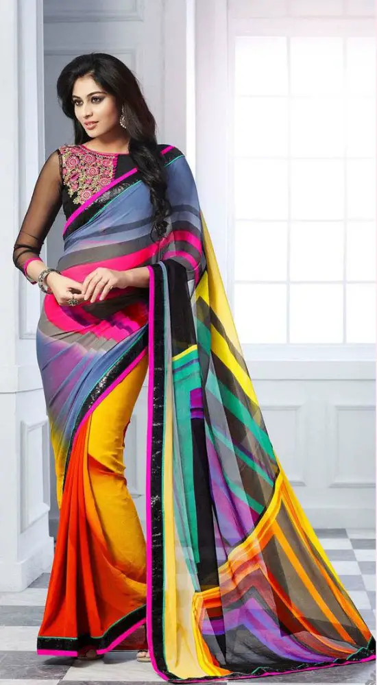 Multi Georgette Party Wear Saree With Boat Neck And Transparent Saree