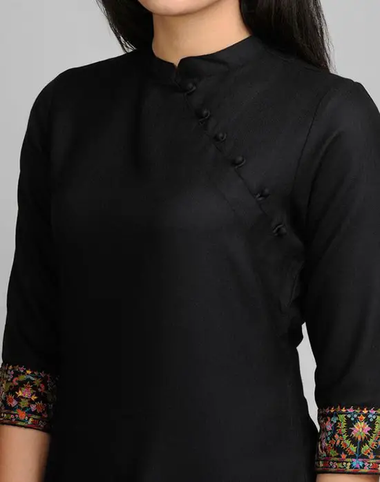 10 Wool Plain Kashmiri Embroidery Mini Kurta Black