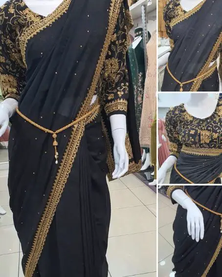 Black Raw Silk Saree With Gold Embroidery Blouse