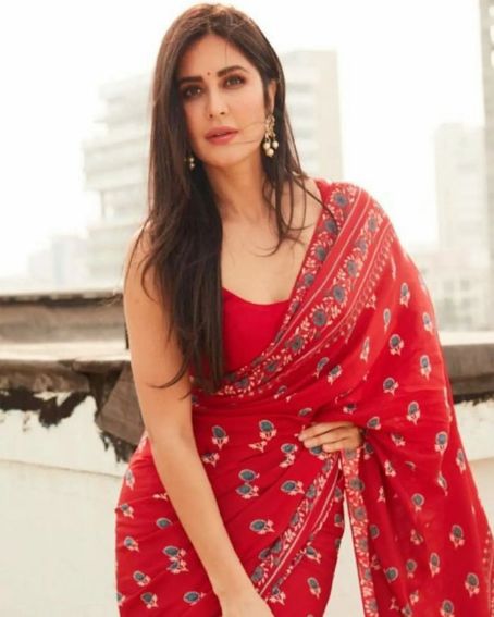 Katrina In Red Printed Saree With Sleeveless Blouse
