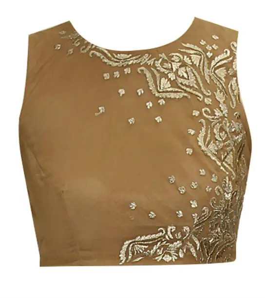 Dull Gold Embroidered Crew Neck Crop Top
