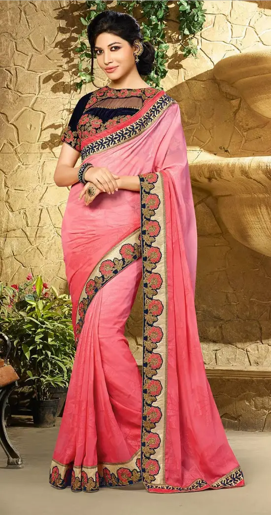 Rose Pink Faux Georgette and Jacquard Embroidered Blouse