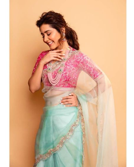 Rashi Khanna In Sky Blue  Saree With Gold Lace