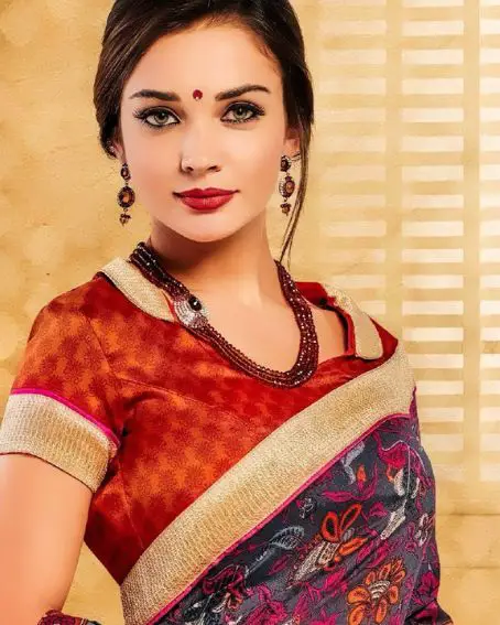 Beautiful Amy Jackson In Printed Saree With Coloured Blouse