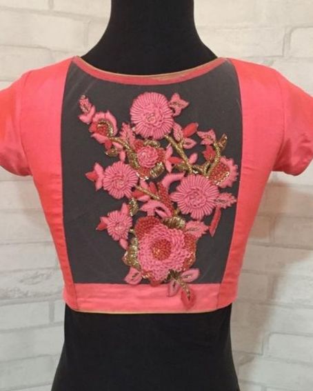 Peach Pink Silk Blouse With A Net Embroidery Sheer Back