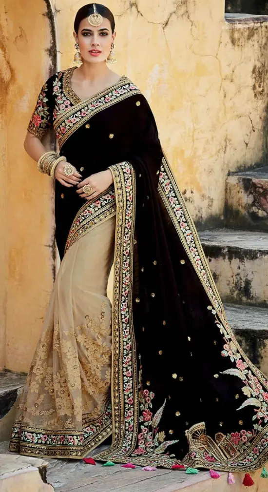 Beige And Dark Brown Colour Net And Velvet Half And Half Saree With Embroidered Work Blouse