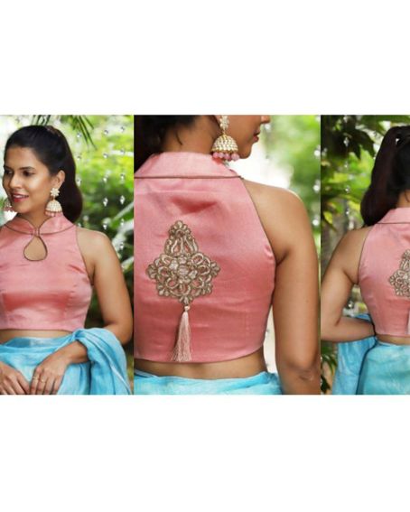 Peach Pink Shimmer Georgette Neck Sleeveless Blouse With Applique On Back