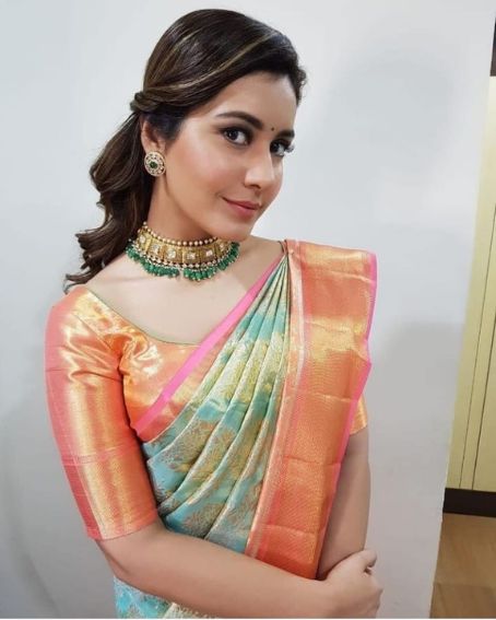 Rashi Khanna In Light Blue Pattu Saree With Pink And Gold Border