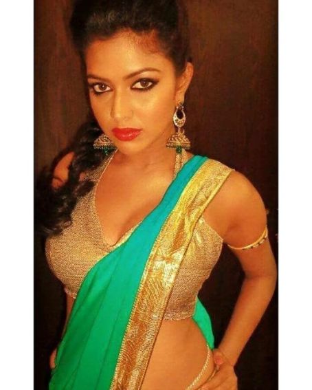 Amala In Greenish Blue Saree With Golden Sleeveless Blouse