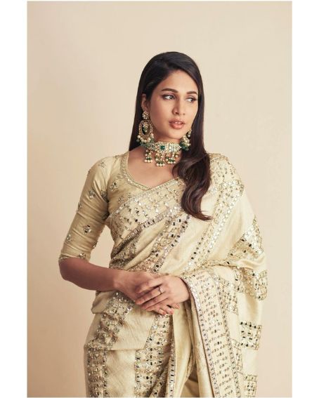 Lavanya Tripathi In Cream Color Mirror Work Saree