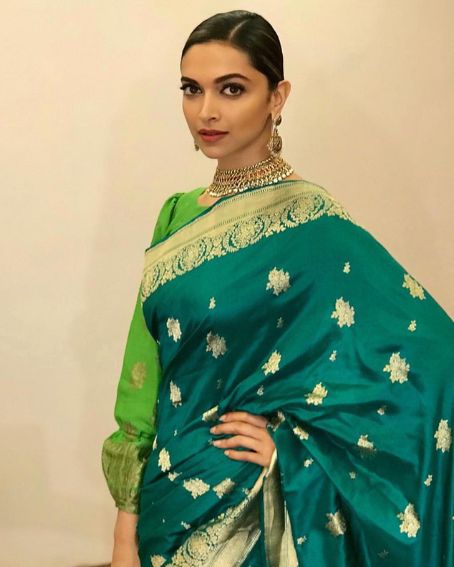 Deepika Padukone In Green And Gold Finish Pattu Saree