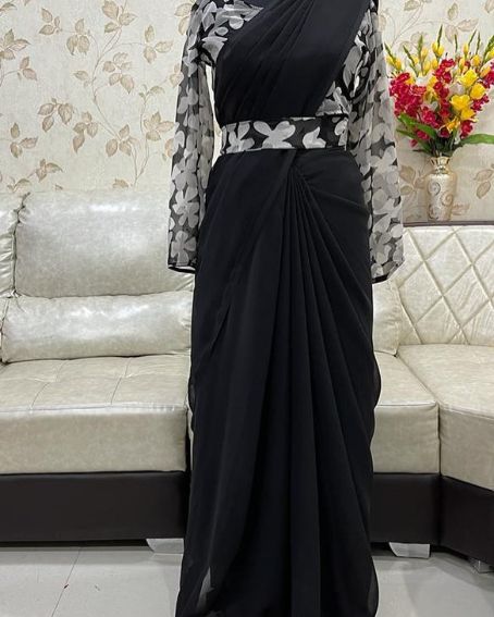 Chiffon Black Saree With Floral Black Saree With Hip Belt
