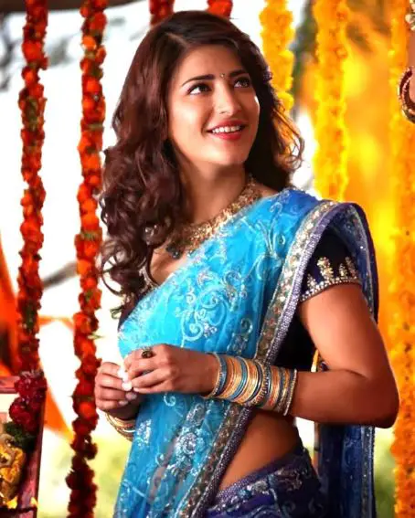 Shruti Hassan In Heavy Embroidery Blue Color Saree