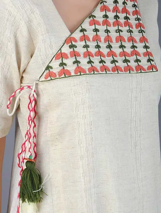 16 Ivory Handwoven Khadi Kurta with Embroidery Online at