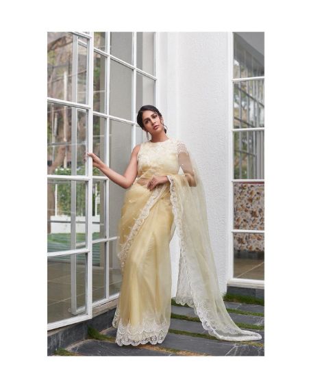 Lavanya In Light Golden Net Saree