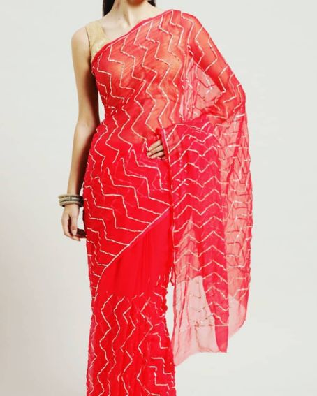 Gotta Patti Work Red Transparent Chiffon Saree With Sleeves Blouse