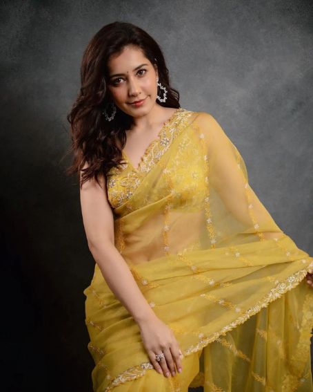 Rashi Khanna In Yellow Chiffon Saree Saree