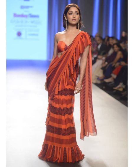 Orange And Maroon Stripped Saree Of Yami Gautam