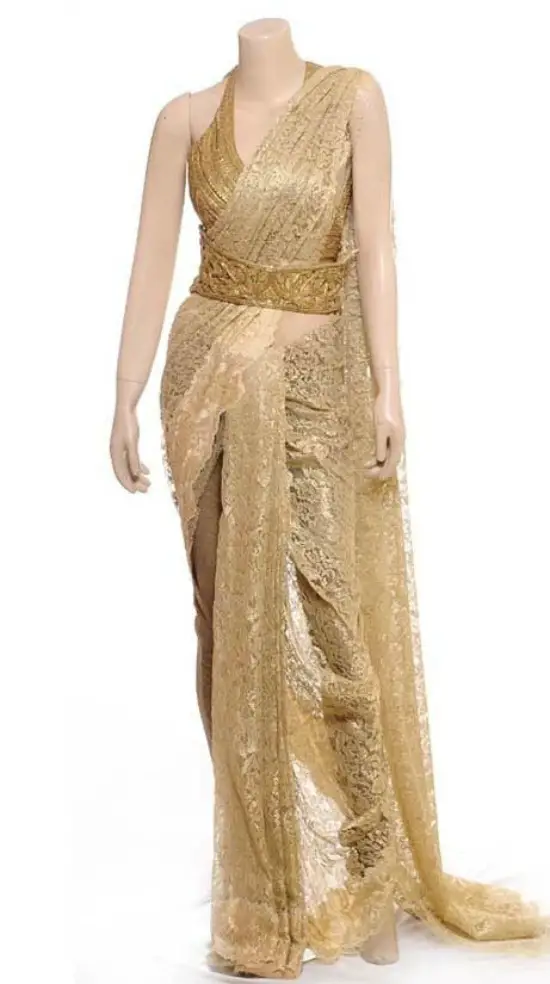 Gold Lace Saree With Halter Neck Blouse