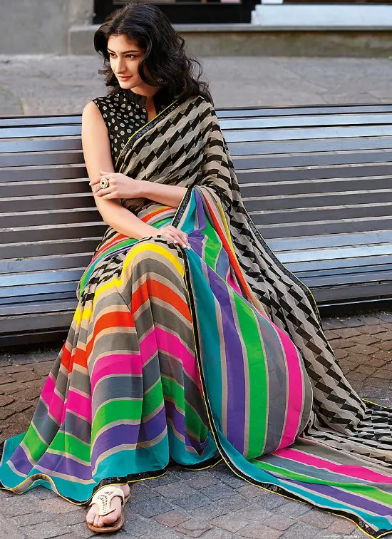 Trendy Multicolor Saree With Open High Collar Sleeveless Blouse
