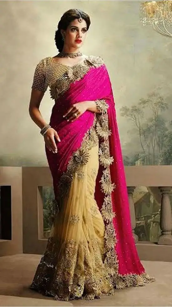 Net Machine Work Beige and Pink Embroidered Half & Half Saree