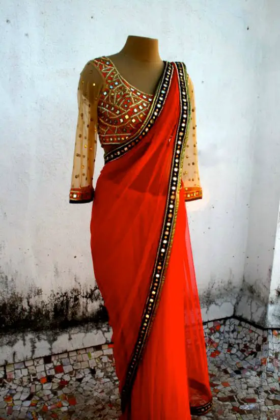 Red Saree With Full Net Sleeve Mirror Work Blouse