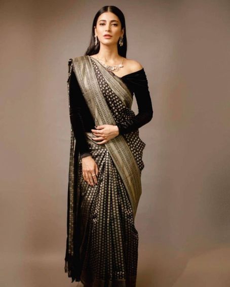 Shruti Hassan In Black Saree With Full Sleeve Velvet Blouse