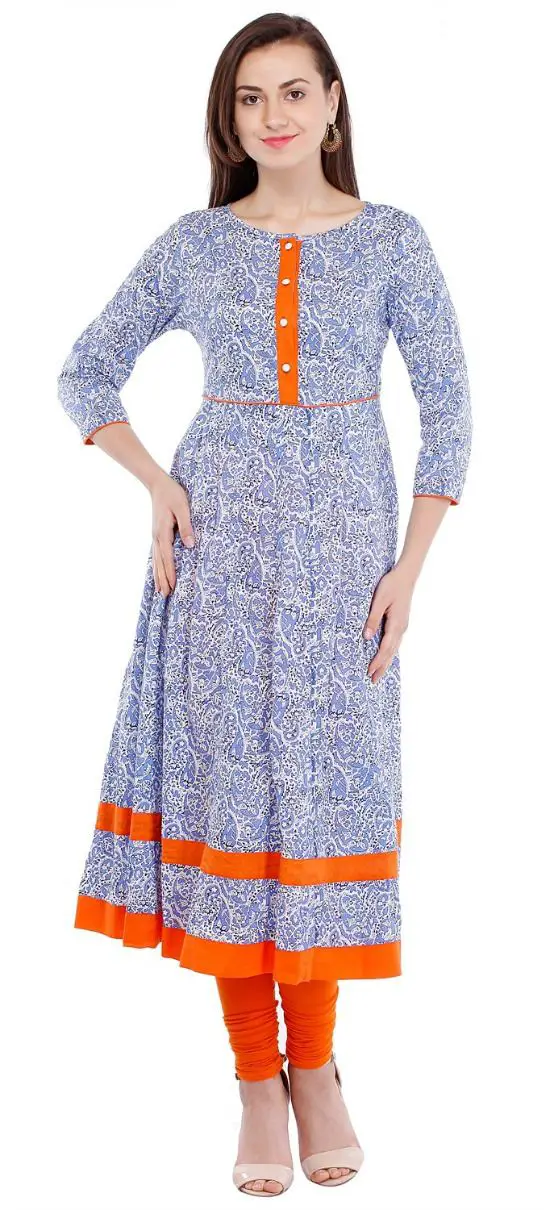 Cotton Blue Printed Anarkali Kurti