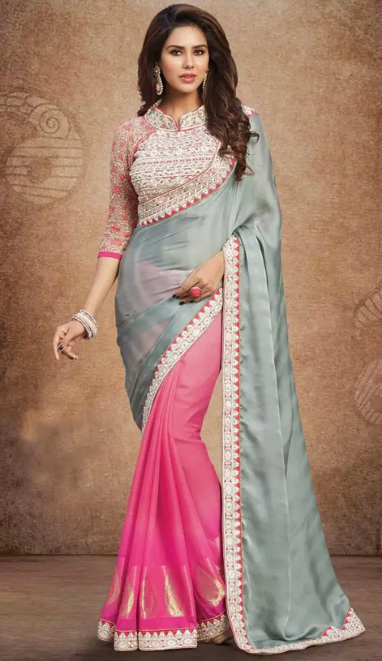 Grey And Pink Georgette Saree With Pink Art Silk Blouse Embellished With Embroidered