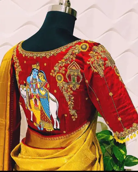 Tradition blouse design of krishna and Radha for back neck blouses