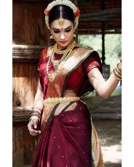 Gorgeous Amy Jackson In Maroon Wedding Saree