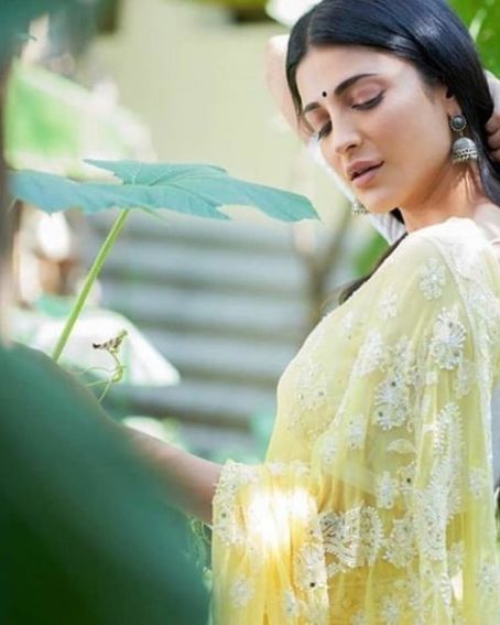 Shruti Hassan In Yellow Saree With White Embroidery