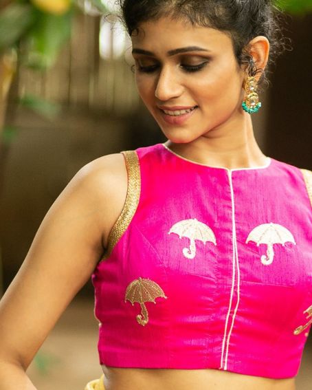 Pink Raw Silk Sleeves Blouse With Gold Threadwork Embroidery And Gold Sequin Border