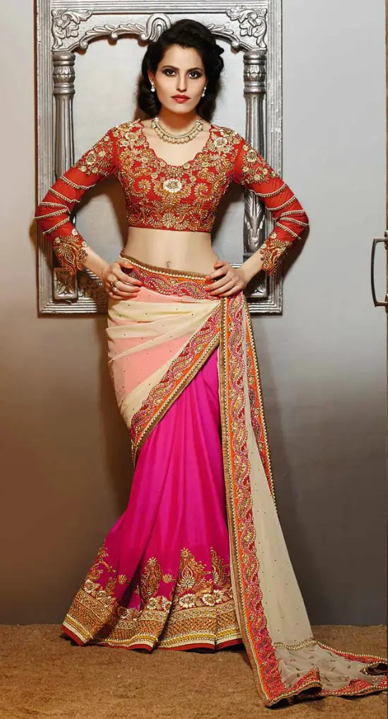 Mustard Cream And Pink Georgette Saree With Cur Work Heavy Embroidery Full Sleeve Blouse