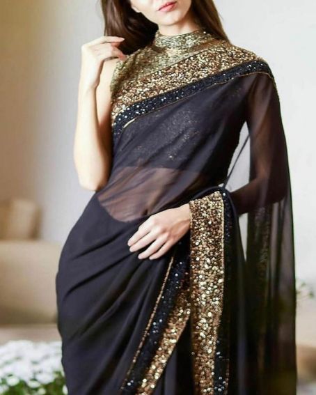 Black Net Saree With High Collar Halter Designer Blouse