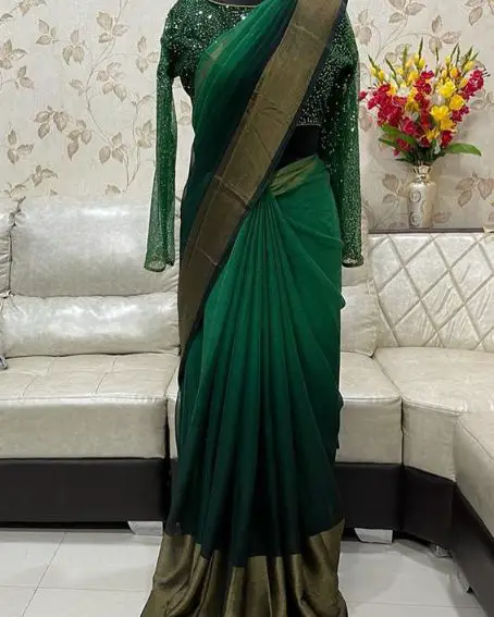 Green Shaded Chiffon Saree With Sequence Blouse