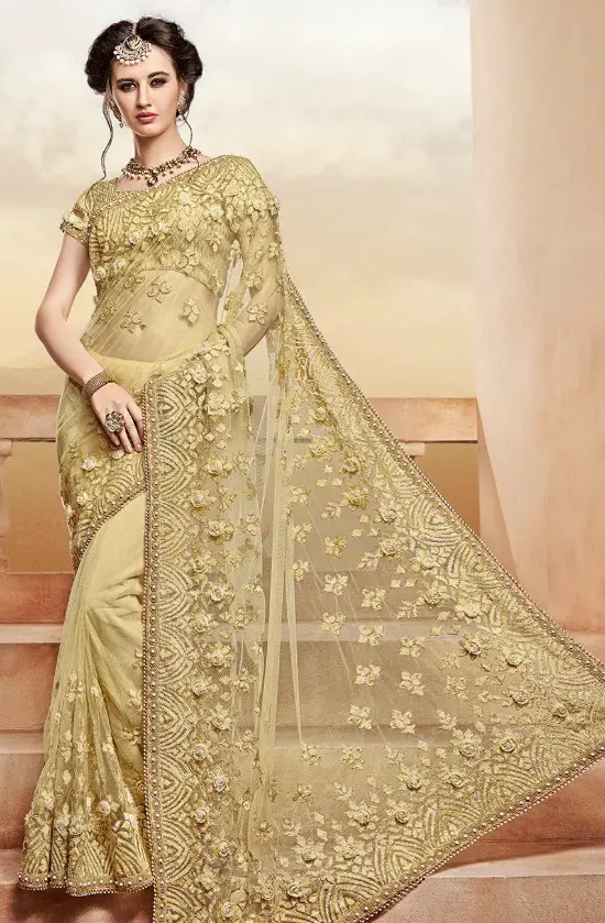 Embroidered Net Saree in Beige And Gold Blouse