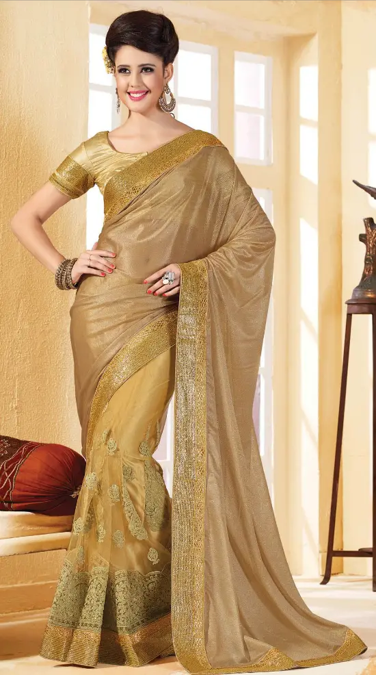 Chiffon Designer Saree in Beige and Gold Colour With Simple Blouse