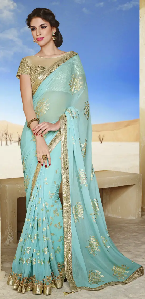 Ice Blue Saree With Sheer Yoke Gold Blouse
