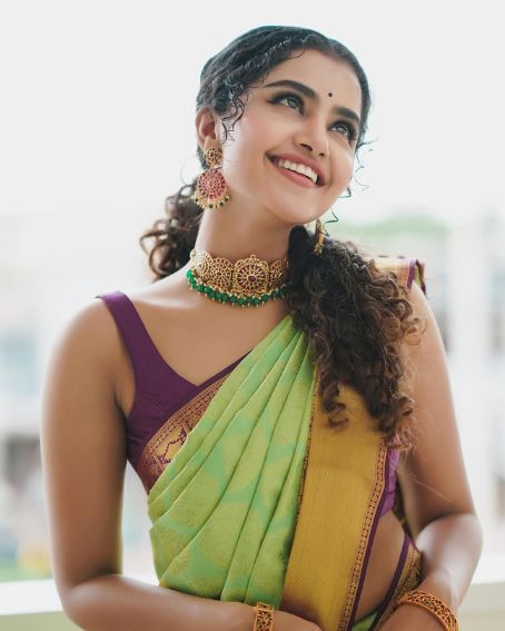 Anupama Parameswaran in Light Green Silk Saree