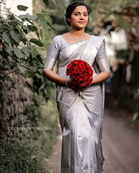 Plain Ash Christian Wedding Saree