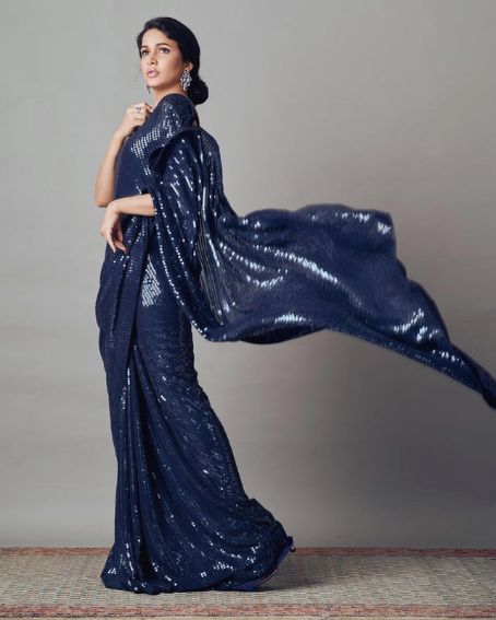 Lavanya Tripathi In Navy Blue Shimmery Sequin Saree