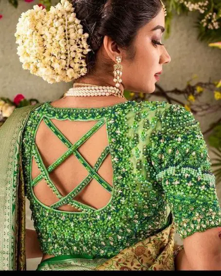 Green  blouse with green beads  embroidery work blouse