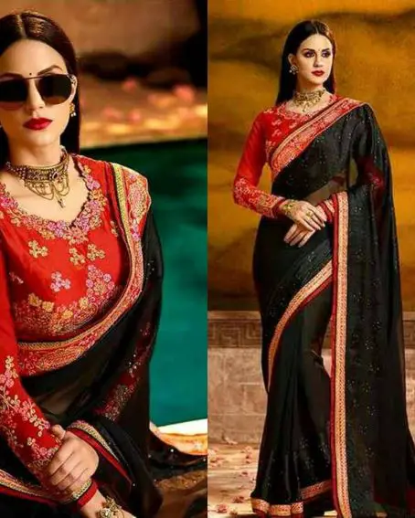 Black Silk Saree With Folar Designer Blouse